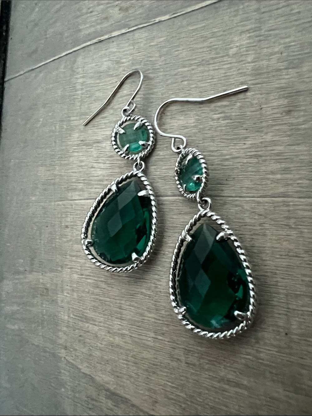 Silver-Tone Deep Green Faceted Drop Earrings - Picture 5 of 8